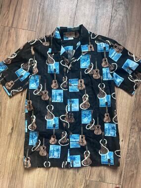 Mens Small Hawaii Station Shirt Ukulele Black Blue Vacation Casual Beach Vintage